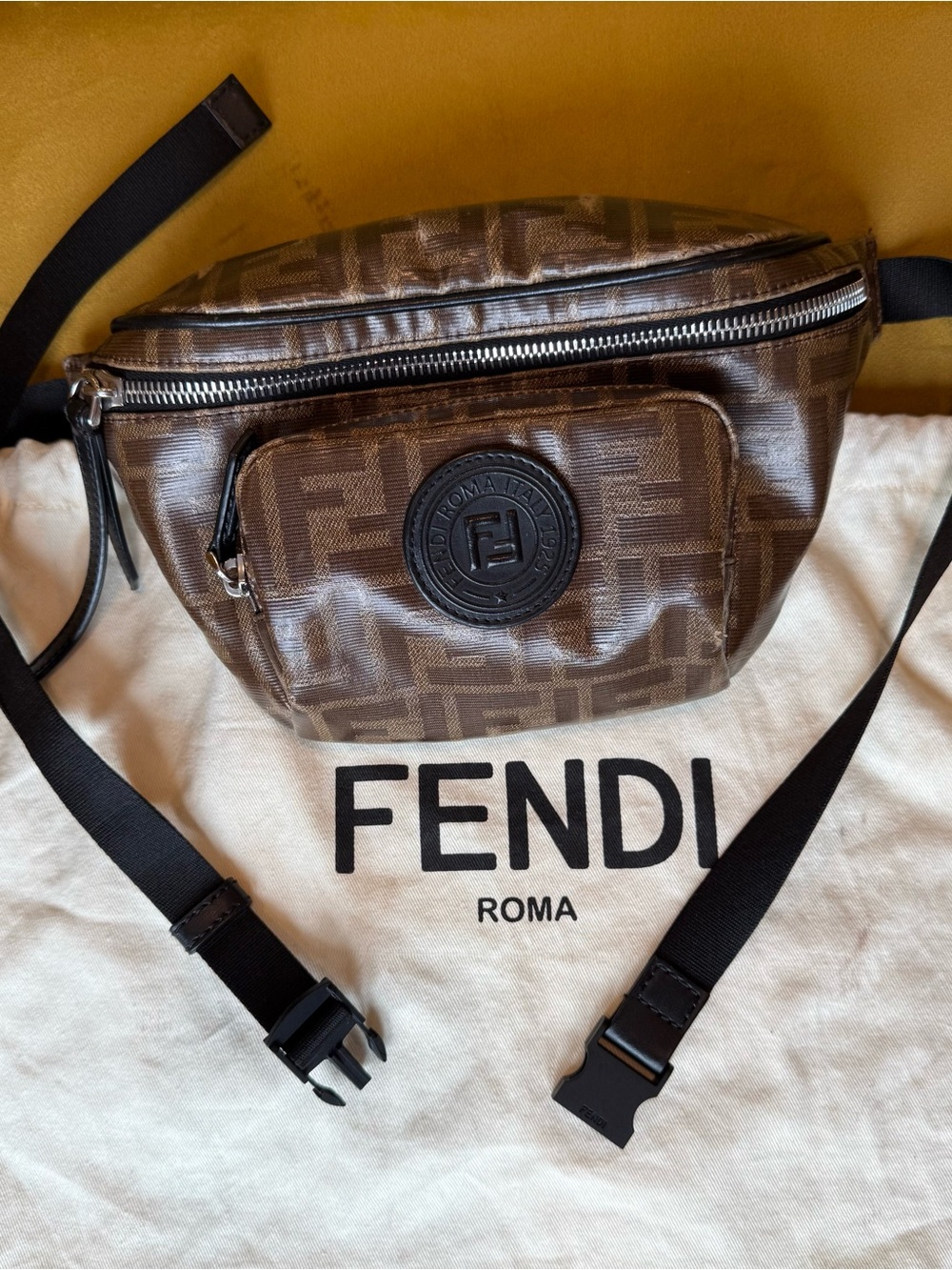 Auntenticated Fendi FF Zucca Belt Bag Coated Canvas Crossbody Waist Bag Dust Bag